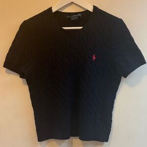 Ralph Lauren Navy Cable Knit Sweater with Pink Logo